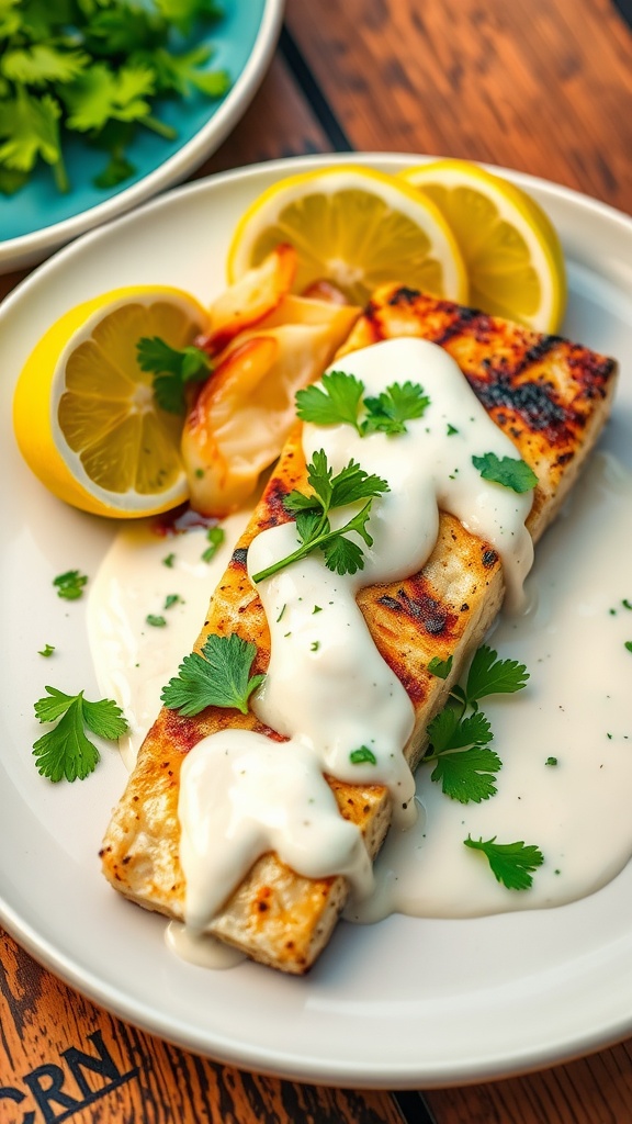 Seared Mahi Mahi with coconut sauce garnished with cilantro and lime on a rustic table.